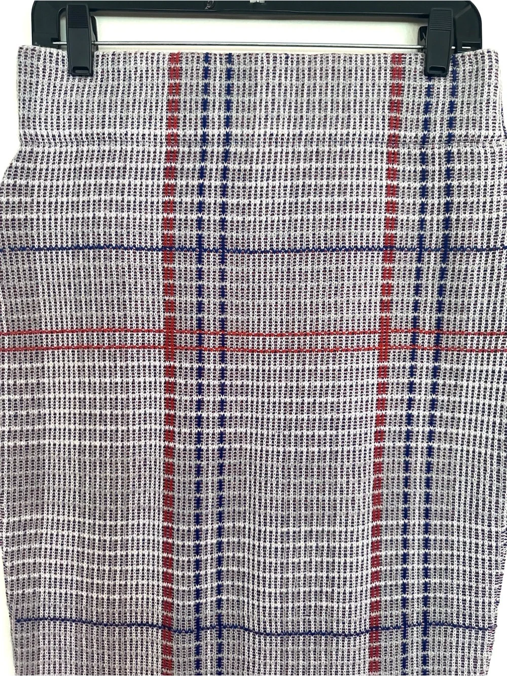 RHIÉ Merino Wool Fringe-Hem Plaid Pencil Skirt in Red Blue and Black Size Medium